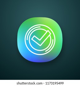 Checkmark app icon. Successfully tested. Tick mark. UI/UX user interface. Quality assurance. Verification and validation. Quality badge. Web or mobile application. Vector isolated illustration
