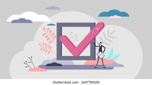 Checkmark approval concept, flat tiny person vector illustration. Abstract check box option with a positive validation tick mark. Business survey choice sign. Successful test confirmation symbol.