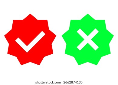 Icono de Aprobación de marca de verificación. Rechazo de marca cruzada. Símbolos de estrellas de Vector. Contraste rojo-verde.