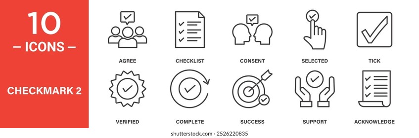 Conjunto de ícones de marca de verificação e aprovação: 10 ícones de linha incluindo concordar, verificado, lista de verificação, consentimento e suporte
