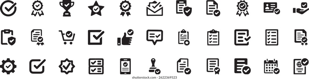 Marca de seleção, conjunto de ícones de aprovação. Pictogramas de glifo vetorial de validação, certificação, conceito de confirmação, listas de verificação, documentos, prêmios e verificação de segurança silhueta preta 