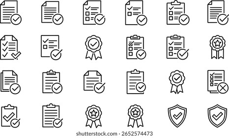 Checkmark, approval icon set. Vector glyph pictograms of validation, certification, confirmation concept, checklists, documents, awards, and security verification black silhouette