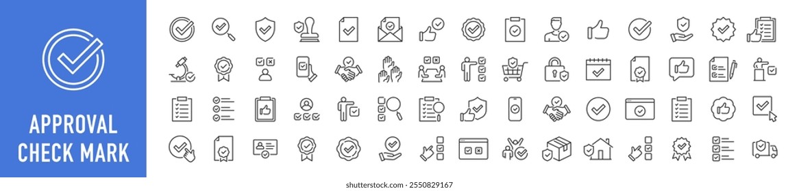 Checkmark and Approved web icon set in line style. Checklist, accepted, stamp, accept, agree, quality control, collection. Vector illustration.