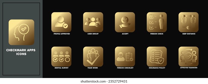 Juego de iconos de las aplicaciones de marca de verificación. Juego de iconos de aplicaciones de color gradiente dorado. Colección de iconos sólidos.