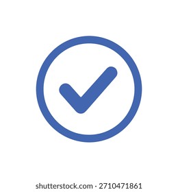 Ícone de Crachá de Marca de Seleção. Círculo azul com marca branca para aprovação, verificação e status de conclusão no design da interface do usuário. Símbolo vetorial de sucesso.
