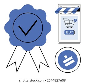 A checkmark badge, a shopping cart on a smartphone screen, and a secure transaction symbol Ideal for themes like online security, e-commerce, quality assurance, digital transactions, and trustworthy