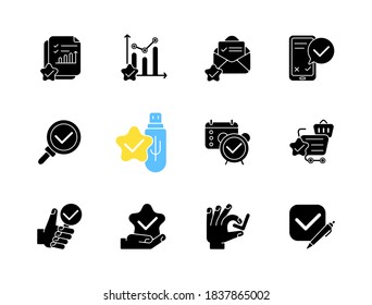 Markieren Sie die schwarzen Symbole für die Glyphe, die auf weißem Hintergrund gesetzt sind. Erfolgreiche Marketingforschung. Richtige Antwort. Aufgabe erledigt. Markieren Sie das Kontrollkästchen. Bestätigungs-Tag. Silhouettensymbole. Vektorgrafik einzeln