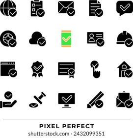 Checkmark black glyph icons set on white space. Information validation signs. Vote marks. Marks for correct data. Silhouette symbols. Solid pictogram pack. Vector isolated illustration