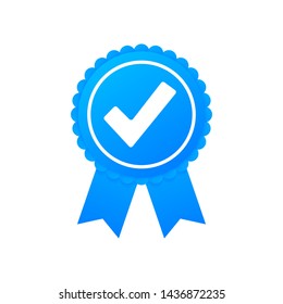 Checkmark. Blue approved star sticker on white background. Vector stock illustration.