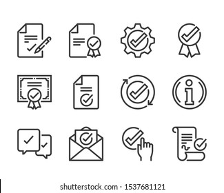 Checkmark bold line icon set. The set is about signature, conversation, security, approval, certificate, certification, mail, achievement, vector, editable stroke, line, outline.