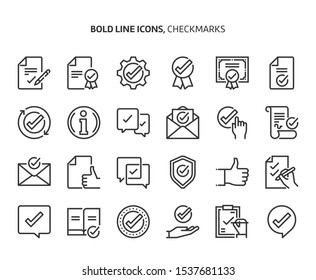 Checkmark bold line icon set. The set is about signature, conversation, security, approval, certificate, certification, mail, achievement, vector, editable stroke, line, outline.