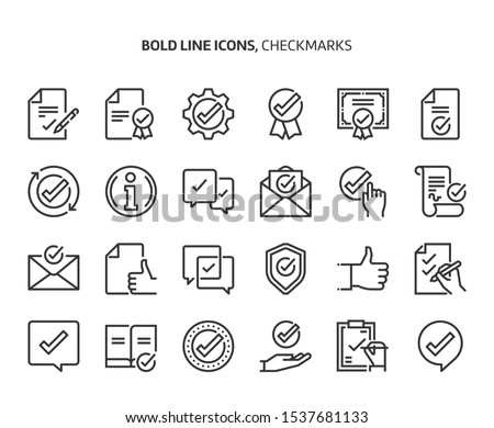 Checkmark bold line icon set. The set is about signature, conversation, security, approval, certificate, certification, mail, achievement, vector, editable stroke, line, outline.