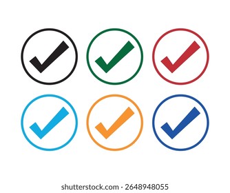 Marca de seleção na caixa. Marca de seleção verde em círculo e retângulo. Ícones de marca de seleção. Cor cheia Tique da direita, ok e sim. Ilustração de marca de seleção. Símbolos vetoriais definidos. Sinal de aprovado na lista de verificação. Pictograma 
