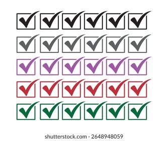 Marca de seleção na caixa. Marca de seleção verde em círculo e retângulo. Ícones de marca de seleção. Cor cheia Tique da direita, ok e sim. Ilustração de marca de seleção. Símbolos vetoriais definidos. Sinal de aprovado na lista de verificação. Pictograma 