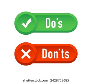 Checkmark button ui with do's and don'ts. Check mark and cross. Like and dislike symbols. Positive and negative sign. Concept for answering question how bad vs good buttons. Vector illustration