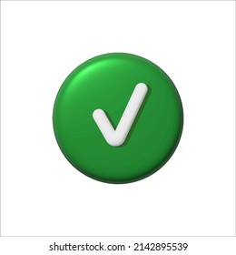 Checkmark button vector illustration. 3d vector icon, minimal style. Round Green Button. Correct answer. Mobile app icon. Vector isolated sign on white background