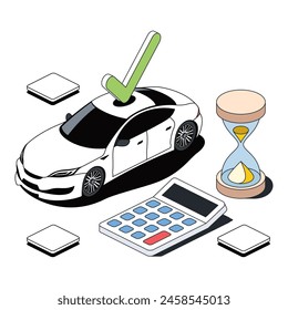 Checkmark car, calculator and hourglass. Vector 3d line isometric, color web icons, new flat style. Creative design idea for infographics.