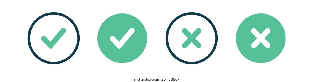 Checkmark And Check Icon. Approval Check Icon And Cross Isolated. Set Quality Sign, Green Tick. X Or Approve Or Deny Line Art Vector Color Icon For Apps And Websites And Ui Ux.