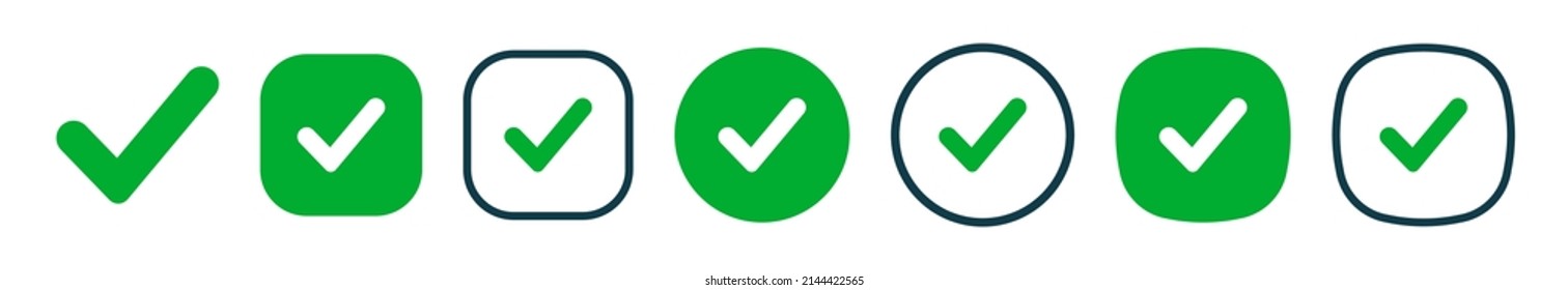 Checkmark and check icon. Approval check and true icon. Set quality sign, green tick. Approve line art vector color icon for apps and websites and ui ux.