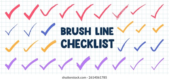 Checkmark checklist brush line doodle in various style. Brush lines checkmark, checklist, check element vector illustration. Marker, pen, and sketch style tick symbols and checkboxes illustration