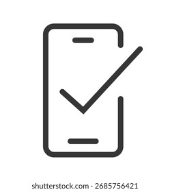 Checkmark checklist on mobile cell phone screen icon simple line stroke outline art graphic illustration, cellphone smartphone with check mark approved sign symbol, valid verified security image 