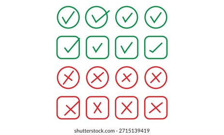 Auswahlkästchen: grünes und rotes Symbol, Vektorgrafik-Design, einzeln auf weißem Hintergrund, Checkliste und kein Bildzeichen und Symbol für Doodle. 