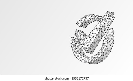 Marca de verificación en el cuadro circular. Imagen 3d de la malla de baja polilla del modelo alambre digital abstracto, origami blanco vector polígono. Éxito, acuerdo comercial, firma correcta, concepto de aprobación. Línea, punto