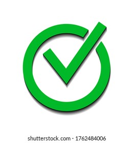 Checkmark in a circle green on a white background and black shadow, sign for design, vector illustration