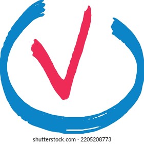 Checkmark in circle. Highlighter doodle drawing. Brush stroke