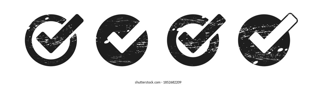Checkmark collection icon, check icons set in grunge black style, approved grungy vote symbol illustration.