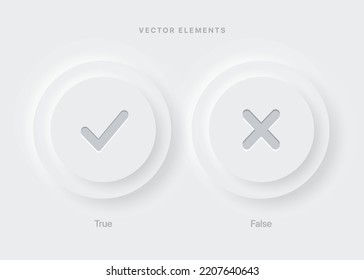 Checkmark, confirm, approve, appreciate, like symbol. Decline, reject, deny, dislike label badge flag button for mobile app, website, UI UX, promotion. High quality neumorphism push button EPS10