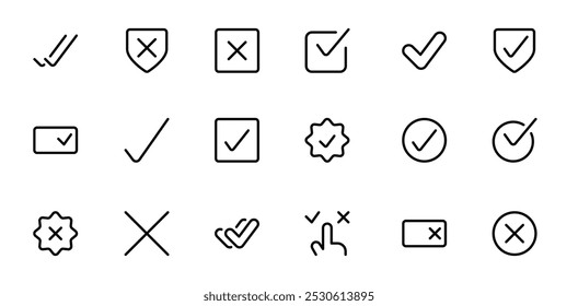 Checkmark and Confirmation Icon Set. A set of simple checkmark icons representing confirmation, verification, and approval in various styles, including single and double ticks, and circled checks.