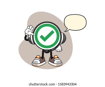 Checkmark correct sign costumer cervices with speech bubble cartoon. Mascot Character vector.