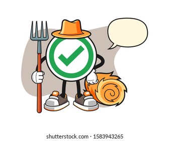 Checkmark correct sign farmer with speech bubble cartoon. Mascot Character vector.