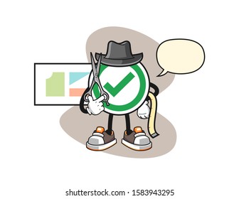 Checkmark correct sign fashion designer with speech bubble cartoon. Mascot Character vector.