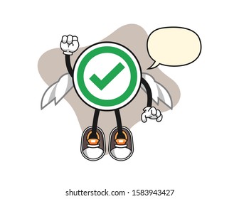 Checkmark correct sign fly with speech bubble cartoon. Mascot Character vector.
