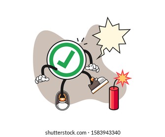 Checkmark correct sign get surprise firecrackers with speech bubble cartoon. Mascot Character vector.