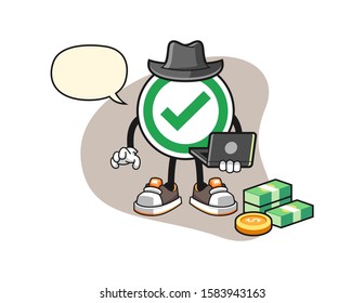 Checkmark correct sign hacker with speech bubble cartoon. Mascot Character vector.