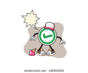 Checkmark correct sign with ice cream fall with speech bubble cartoon. Mascot Character vector.