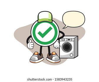 Checkmark correct sign laundry man with speech bubble cartoon. Mascot Character vector.