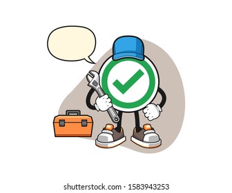Checkmark correct sign mechanic with speech bubble cartoon. Mascot Character vector.