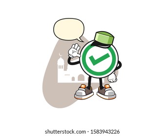 Checkmark correct sign muslim with speech bubble cartoon. Mascot Character vector.