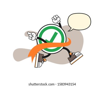 Checkmark correct sign reach the finish line with speech bubble cartoon. Mascot Character vector.