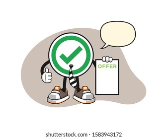 Checkmark correct sign salesman with speech bubble cartoon. Mascot Character vector.