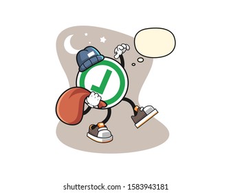 Checkmark correct sign thief with thought bubble cartoon. Mascot Character vector.