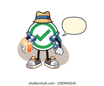 Checkmark correct sign vacation with speech bubble cartoon. Mascot Character vector.