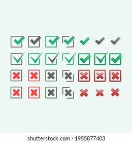 Checkmark cross. Approved entry. Check mark and cross for passing the test