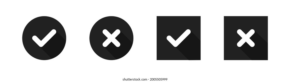 Marca de verificación y conjunto de iconos cruzados negros. Ilustración aislada del vector. Marcar y cruzar el símbolo sobre fondo blanco.