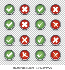Checkmark and cross buttons set on checked transparent background. Vector illustration. Eps 10 vector file.