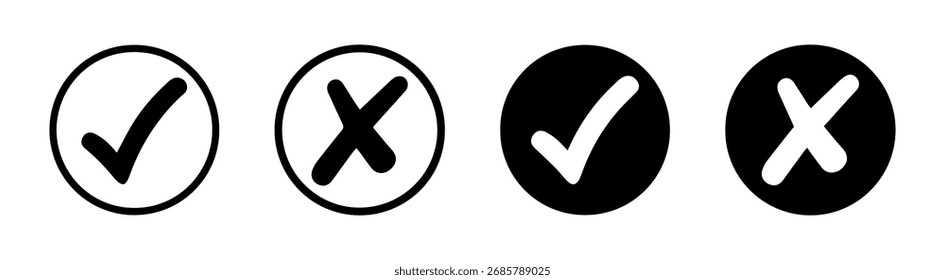 Marca de verificación y cruz en círculo y estilo relleno conjunto de iconos de Vector